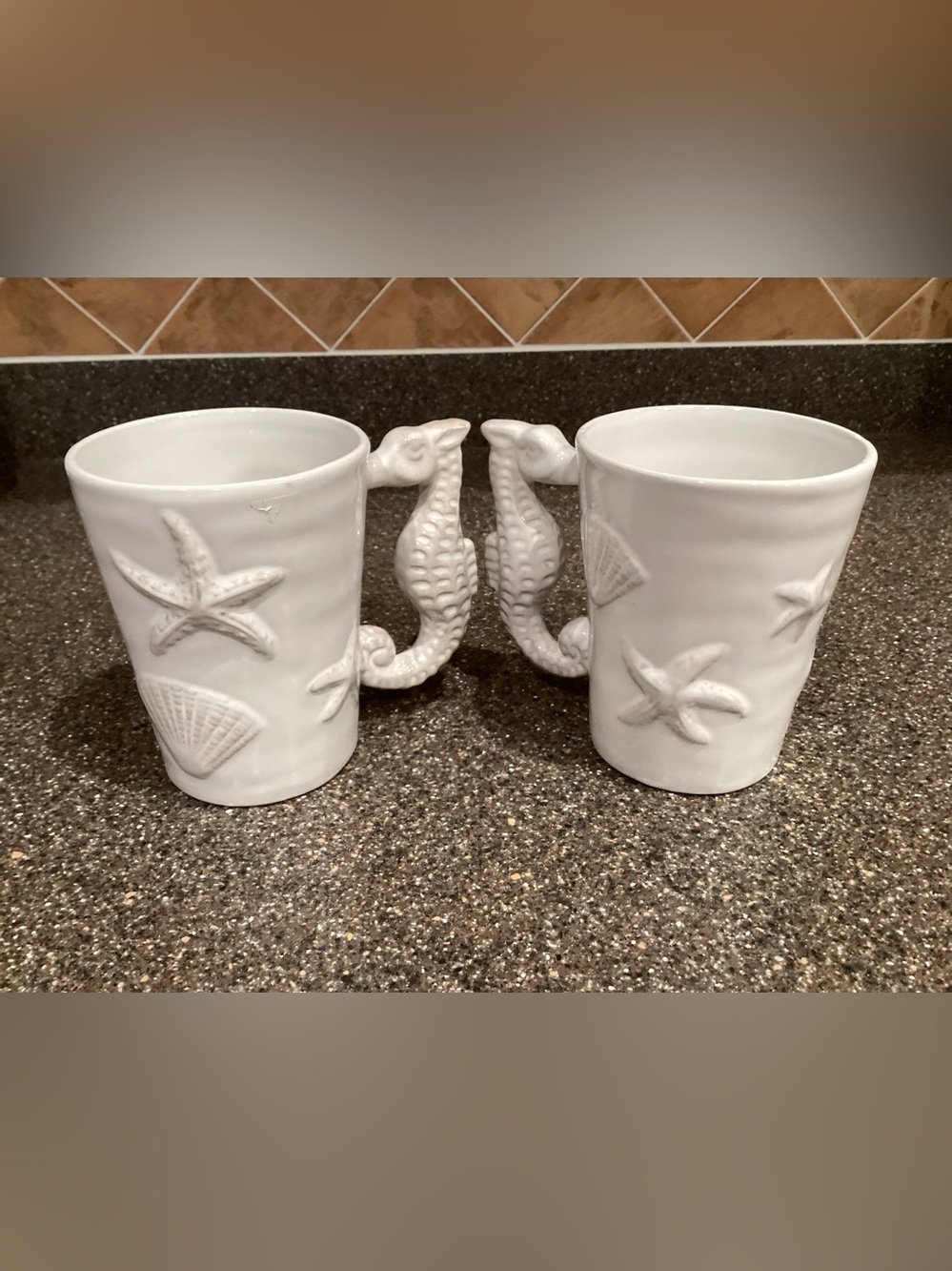 Pier 1 White Ceramic Seahorse-Handle Mugs with Shell  - Pair